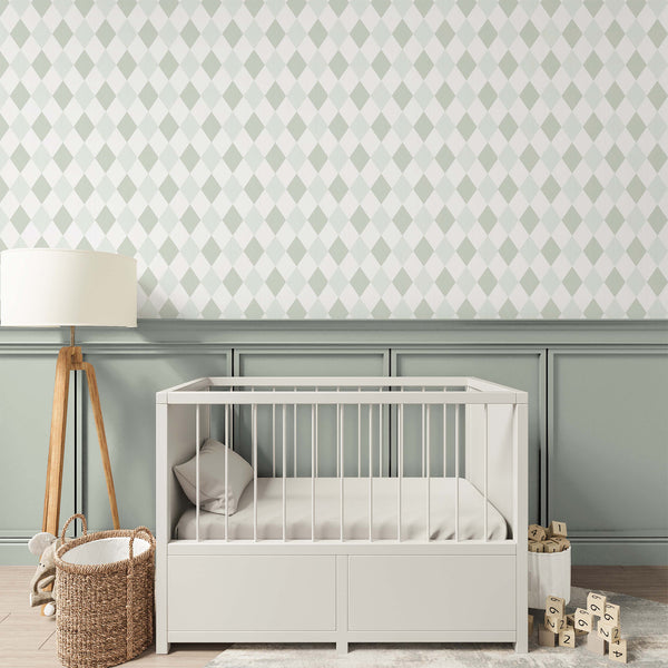 Muted green and off-white wallpaper with a compact geometric pattern. Ideal for creating a serene atmosphere in any room. Traditional unpasted wallpaper option available for permanent decor.