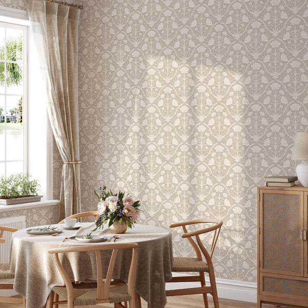 Dense tapestry of vintage floral patterns in beige, perfect for creating a warm ambiance in dining spaces. The classic two-tone look and stylized blooms add understated elegance to traditional and cottagecore decor.