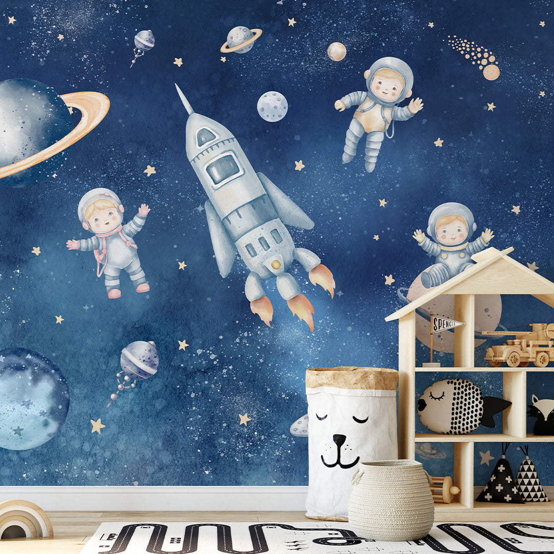 Dark Blue Astronauts & Spaceship Wall Mural SM083