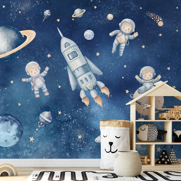 Dark Blue Astronauts & Spaceship Wall Mural SM083 - CostaCover - Peel and stick Removable Wallpaper - accent wallpaper - adhesive wallpaper - bathroom wallpaper