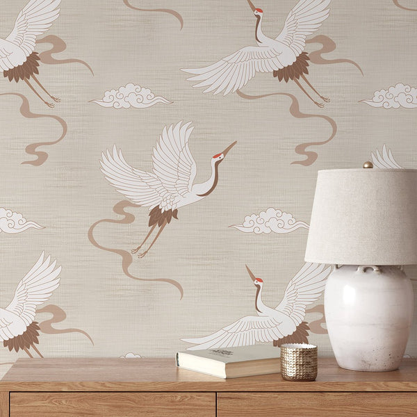 Chinoiserie Crane Beige Grasscloth Wallpaper CG001 - CostaCover - Traditional Wallpaper - accent wallpaper - bathroom wallpaper - bedroom wallpaper