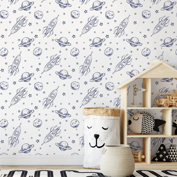 Line Art Spaceship & Planet Wallpaper S130 - CostaCover-Peel and stick Removable Wallpaper-abstract wall art-accent wallpaper-adhesive wallpaper