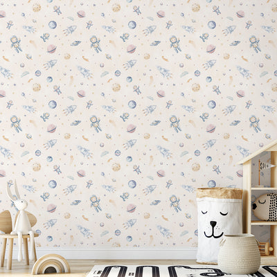 Beige Astronauts & Rockets Wallpaper S123