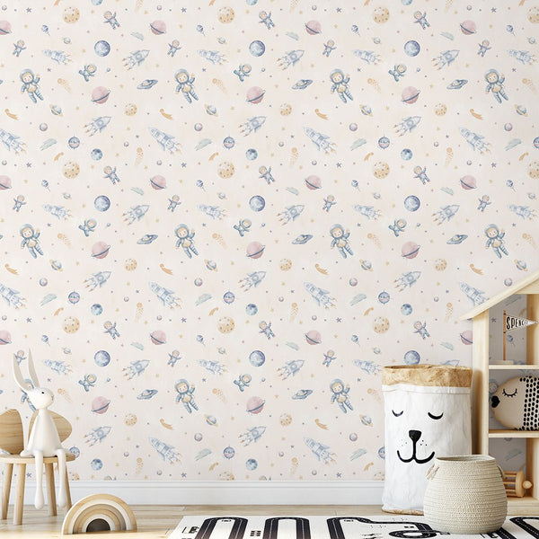 Beige Astronauts & Rockets Wallpaper S123 - CostaCover-Peel and stick Removable Wallpaper-accent wallpaper-adhesive wallpaper-baby bedroom