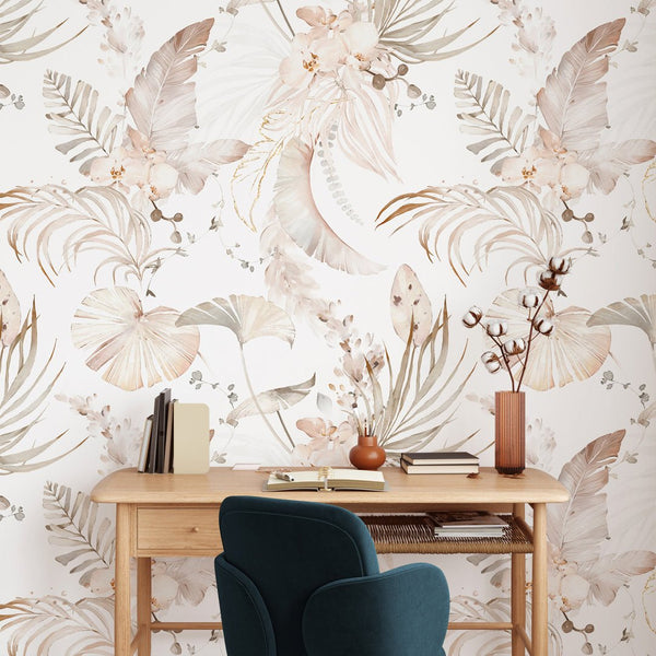 Tropical Bouquet Boho Wallpaper W005 - CostaCover - Peel and stick Removable Wallpaper - baby bedroom - bedroom interior - bedroom wallpaper