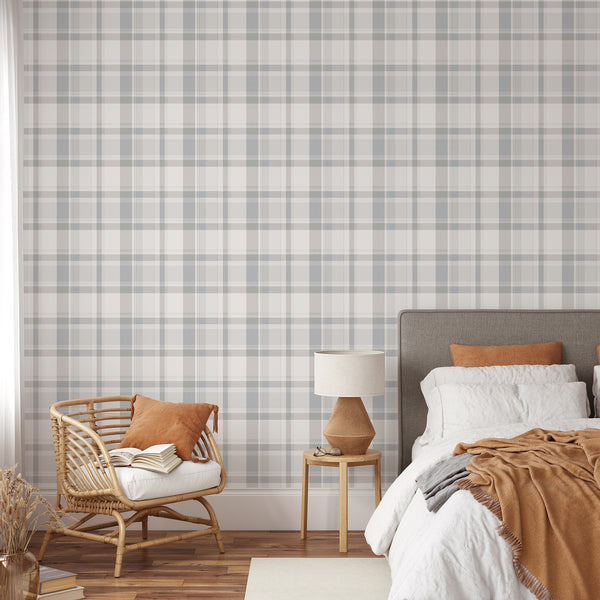 Farmhouse checkered wallpaper featuring large ivory squares crossed by muted dusty blue gray stripes, ideal for cozy bedrooms and cottage interiors.