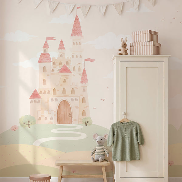 Blush beige princess castle wallpaper mural featuring a whimsical fairytale castle, pastel rolling hills, clouds and tiny trees for a magical girls nursery.
