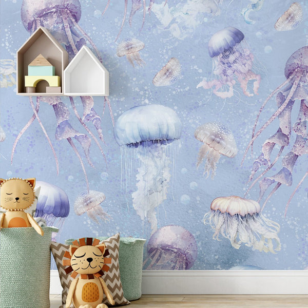 Blue Purple Jellyfish Wall Mural SM062 - CostaCover - Peel and stick Removable Wallpaper - accent wallpaper - adhesive wallpaper - baby bedroom