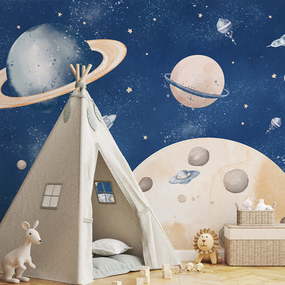 Blue Beige Planets in Space Wall Mural SM092
