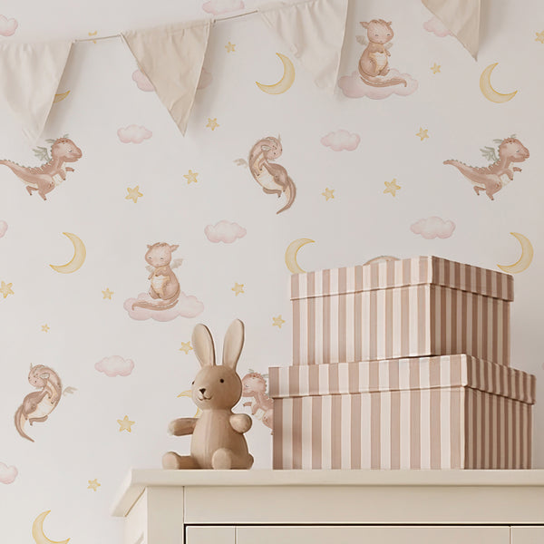 Cute watercolor dragon wallpaper featuring a beige baby dragon sitting on a soft pink cloud with yellow stars, ideal for a whimsical nursery.