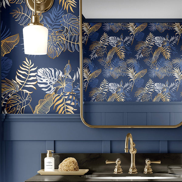Navy Blue & Gold Palm Leaves Wallpaper CC295 - CostaCover - Peel and stick Removable Wallpaper - accent wallpaper - adhesive wallpaper - bathroom wallpaper