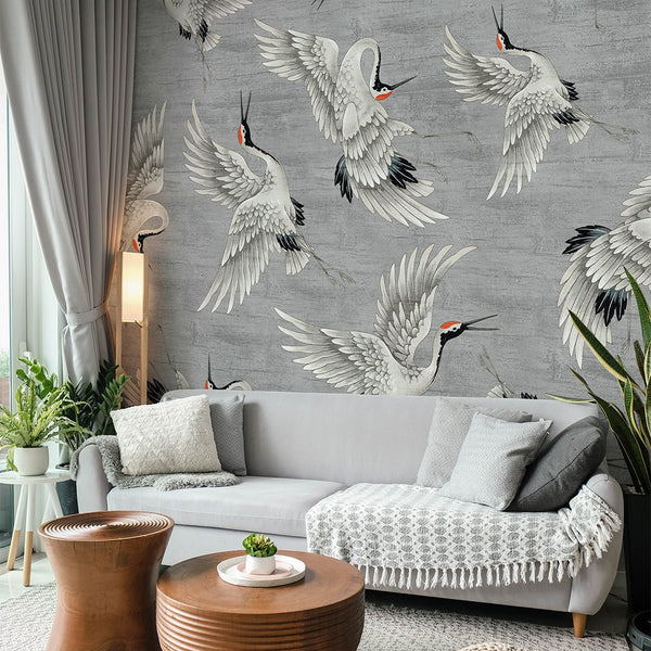 Flying Gray Japanese Cranes Wall Mural WM114 - CostaCover - Peel and stick Removable Wallpaper - accent wallpaper - adhesive wallpaper - bathroom wallpaper