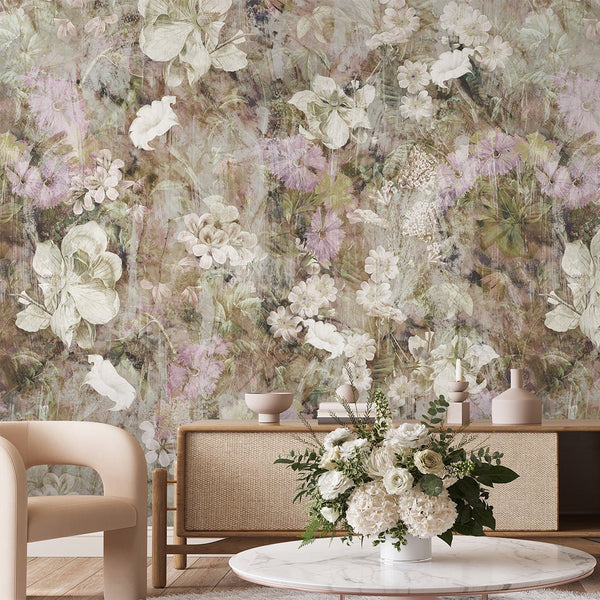 Beige Vintage Flowers Garden Wall Mural SM046 - CostaCover - Peel and stick Removable Wallpaper - abstract floral - accent wallpaper - adhesive wallpaper