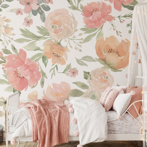 Pink Orange & Green Flowers Wall Mural WM001 - CostaCover - Peel and stick Removable Wallpaper - accent wallpaper - adhesive wallpaper - bathroom wallpaper
