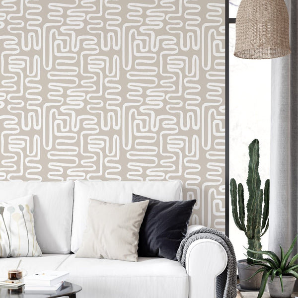 Beige White Boho Line Wallpaper W013 - CostaCover - Peel and stick Removable Wallpaper - Abstract - abstract lines - abstract wall art