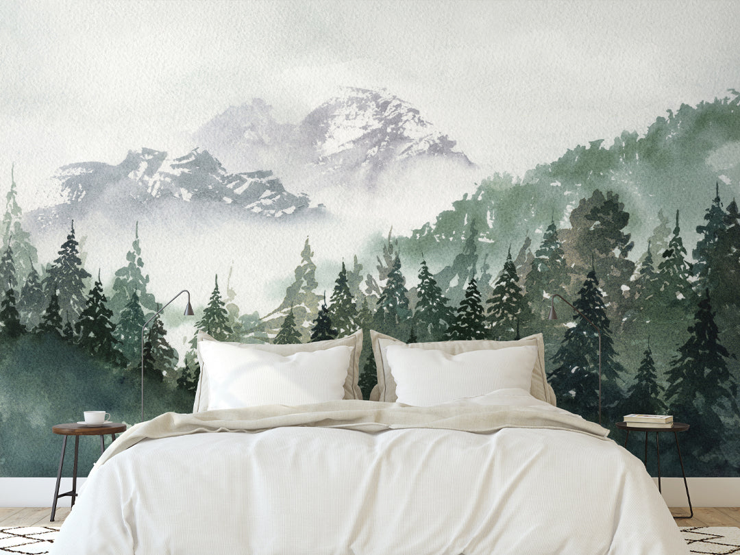 Watercolor Forest and Foggy Mountains Self Adhesive Wall Mural WM036