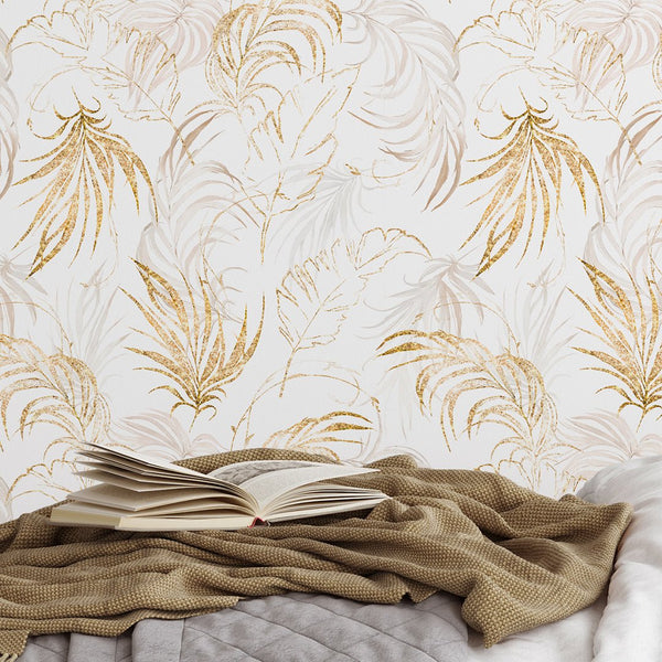 Beige & Gold Palm Leaves Wallpaper W135 - CostaCover - Peel and stick Removable Wallpaper - Abstract - Abstract Beige Gold Stripes Waves Removable Wallpaper - Abstract Beige Gold Stripes Waves Removable Wallpaper near me