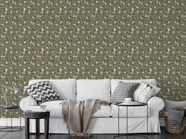 Green Bird & Pomegranate by Morris Wallpaper W085 - CostaCover - Peel and stick Removable Wallpaper - abstract floral - abstract wall art - abstract wallpaper