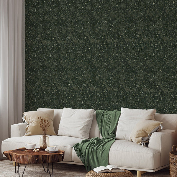 Dark Green Wild Tulip by Morris Wallpaper W113 - CostaCover - Peel and stick Removable Wallpaper - abstract floral - accent wallpaper - adhesive wallpaper