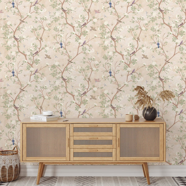 Beige Blossom Trees & Birds Wallpaper W054 - CostaCover - Peel and stick Removable Wallpaper - abstract wallpaper - accent wallpaper - adhesive wallpaper
