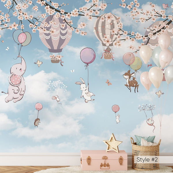 Cute Animals & Sakura Wall Mural CCM155 - CostaCover - Peel and stick Removable Wallpaper - abstract wall art - adhesive wallpaper - air balloon