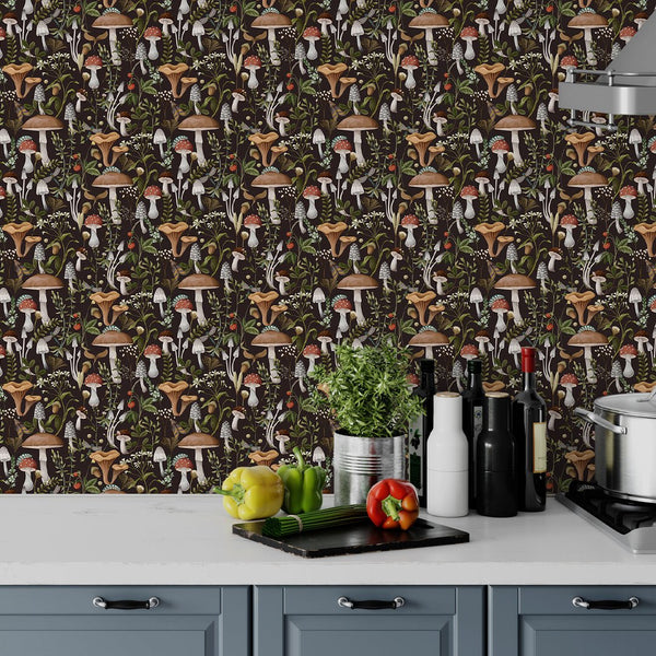 Brown Mushroom & Plants Wallpaper W147 - CostaCover - Peel and stick Removable Wallpaper - abstract floral - abstract wallpaper - accent wallpaper