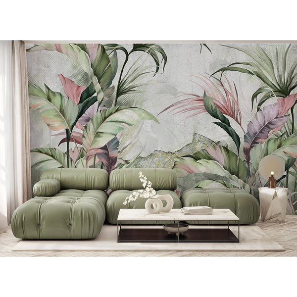 Green Pink Palm Leaves Wall Mural SM013 - CostaCover - Peel and stick Removable Wallpaper - abstract wallpaper - accent wallpaper - adhesive wallpaper
