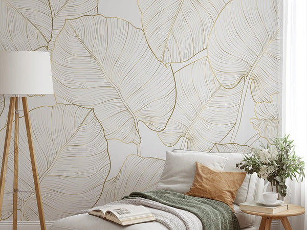 White Gold Effect Leaves Wall Mural CCM181 - CostaCover - Peel and stick Removable Wallpaper - Abstract - Abstract Beige Gold Stripes Waves Removable Wallpaper near me - abstract floral