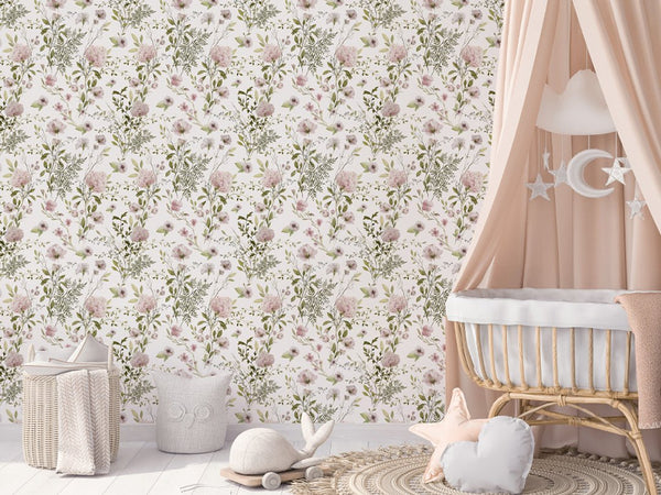 Pink Green Field Plants Wallpaper W064 - CostaCover - Peel and stick Removable Wallpaper - accent wallpaper - adhesive wallpaper - adhesive wallpaper design