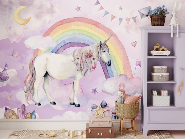 Fairy Unicorn & Rainbow Wall Mural WM068 - CostaCover - Peel and stick Removable Wallpaper - abstract wallpaper - accent wallpaper - adhesive wallpaper