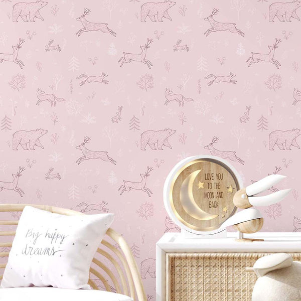 Pink Forest Animals Wallpaper S040 - CostaCover - Peel and stick Removable Wallpaper - abstract forest - accent wallpaper - adhesive wallpaper