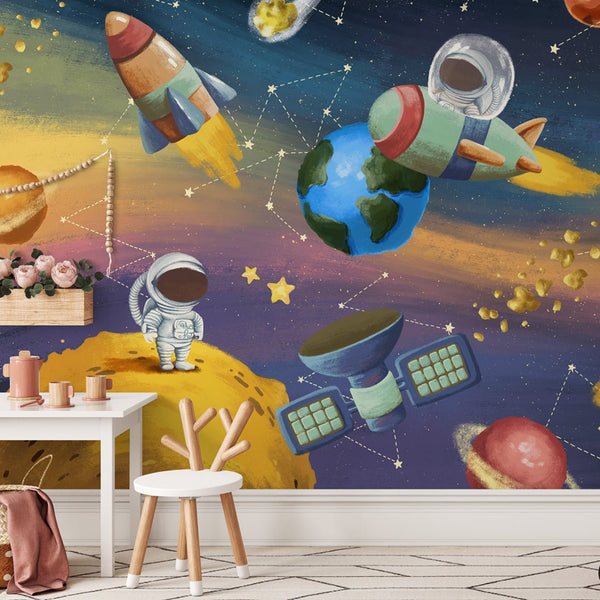Colorful Bright Space Wall Mural WM074 - CostaCover - Peel and stick Removable Wallpaper - accent wallpaper - adhesive wallpaper - Aqua blue wallpaper