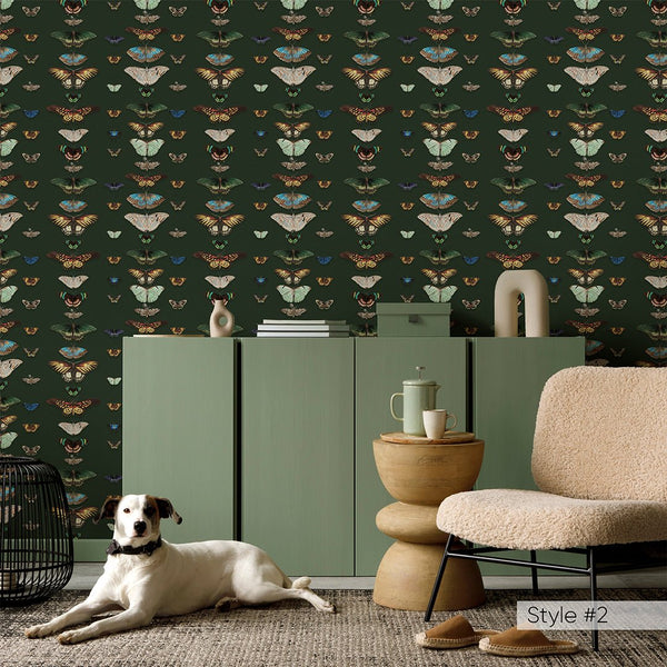 Beige Green Retro Butterflies Wallpaper W159 - CostaCover - Peel and stick Removable Wallpaper - accent wallpaper - adhesive wallpaper - bathroom wallpaper