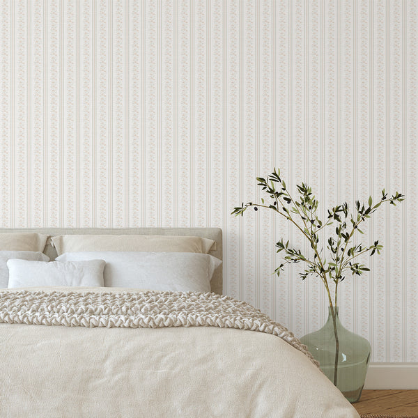 Beige Green Floral Stripe Wallpaper L126