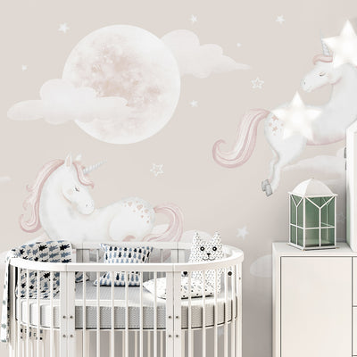 Beige Unicorns & Moon Wall Mural AM128
