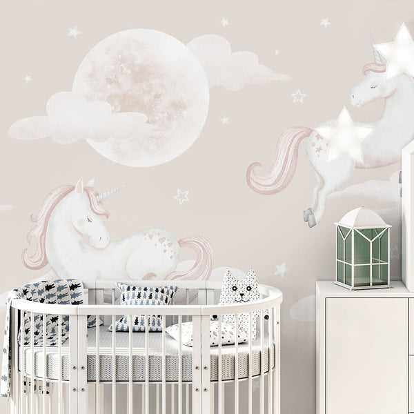Beige Unicorns & Moon Wall Mural AM128 - CostaCover-Peel and stick Removable Wallpaper-accent wallpaper-adhesive wallpaper-baby bedroom