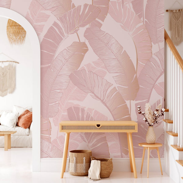 Pink Banana Leaves Wall Mural CCM122 - CostaCover - Peel and stick Removable Wallpaper - adhesive wallpaper - banana leaves - Banana leaves wallpaper