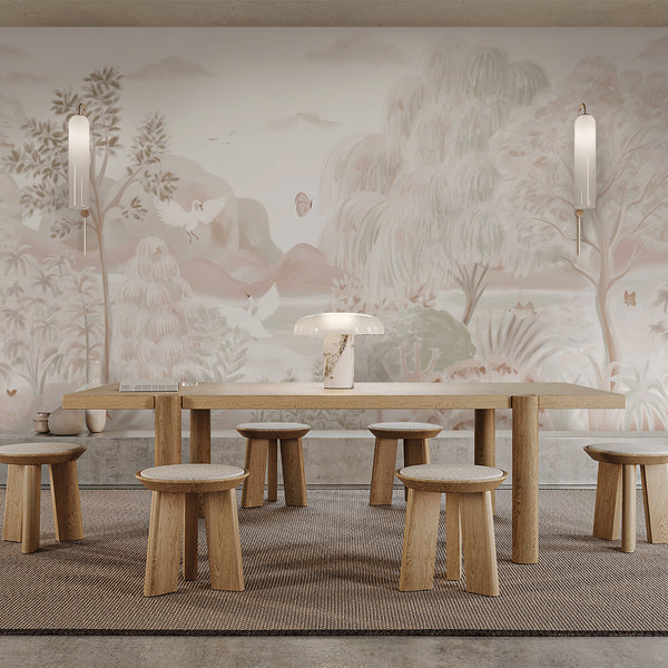 Japanese swan wallpaper with graceful birds, dreamy willow trees, soft water and muted botanical scenery in blush, beige, pale green and warm gray.