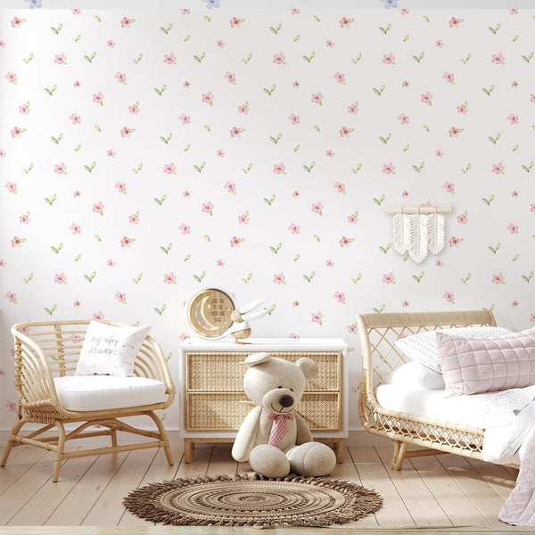 Pink Petite Flowers Wallpaper S067 - CostaCover - Peel and stick Removable Wallpaper - accent wallpaper - adhesive wallpaper - baby bedroom