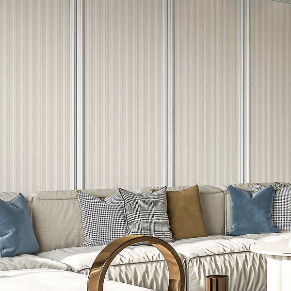 Neutral botanical wallpaper featuring beige floral stripe columns, subtle textured ground, and soft taupe detailing for cottagecore, farmhouse, or French country rooms.