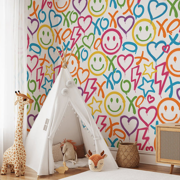 Colorful Smile Graffiti Wallpaper W171 - CostaCover-Peel and stick Removable Wallpaper-abstract wallpaper-accent wallpaper-adhesive wallpaper
