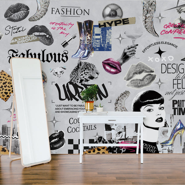 High-energy glam mural featuring pop-culture elements in grayscale with hot pink accents, perfect for a statement wall in media rooms.