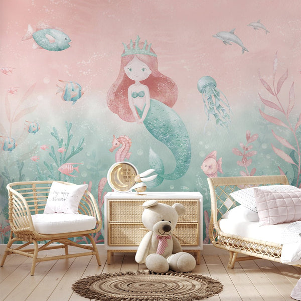 Pink Green Mermaid Wall Mural SM064 - CostaCover - Peel and stick Removable Wallpaper - accent wallpaper - adhesive wallpaper - ariel mermaid
