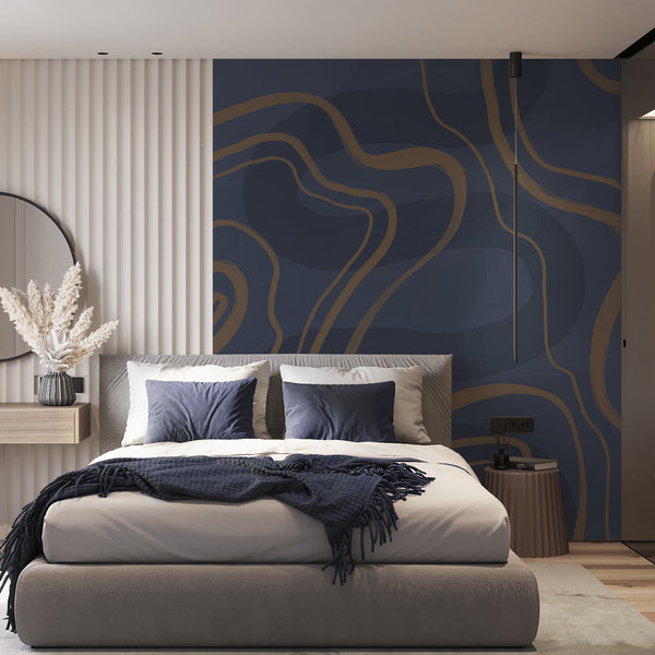 Dark blue and brown wall mural featuring oversized organic curves and subtle textured shading for a dramatic contemporary interior.