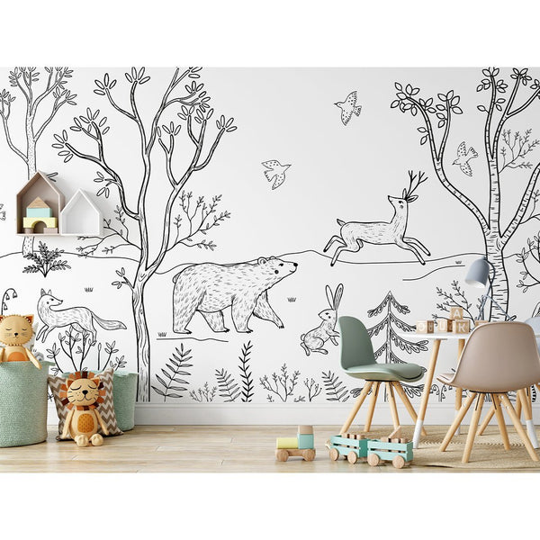 Black & White Forest Animals Wall Mural SM017 - CostaCover - Peel and stick Removable Wallpaper - accent wallpaper - adhesive wallpaper - animal print