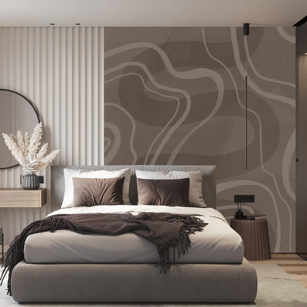 Earthy brown wall mural with organic curved shapes and subtle texture in warm taupe and beige tones for a sophisticated modern interior.