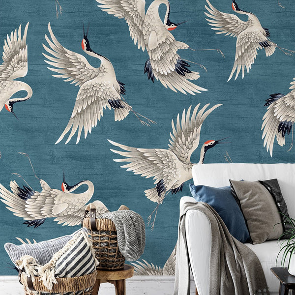 Flying Blue Japanese Cranes Wall Mural WM116 - CostaCover - Peel and stick Removable Wallpaper - accent wallpaper - adhesive wallpaper - aqua blue