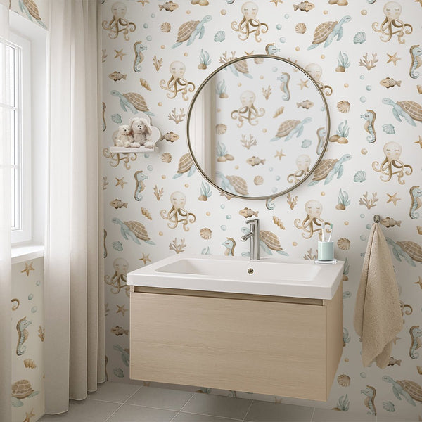 Beige Undersea World Wallpaper S098 - CostaCover - Peel and stick Removable Wallpaper - accent wallpaper - adhesive wallpaper - baby bedroom