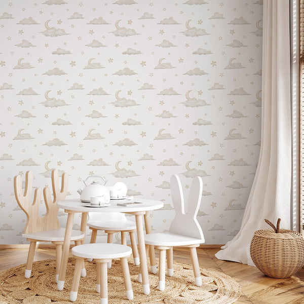 Tiny Clouds & Moon Wallpaper A055 - CostaCover-Peel and stick Removable Wallpaper-accent wallpaper-adhesive wallpaper-baby bedroom