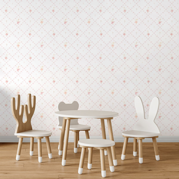Coquette nursery wallpaper featuring a cute watercolor bunny ballerina, blush pink bows, and airy white space for a charming toddler bedroom.